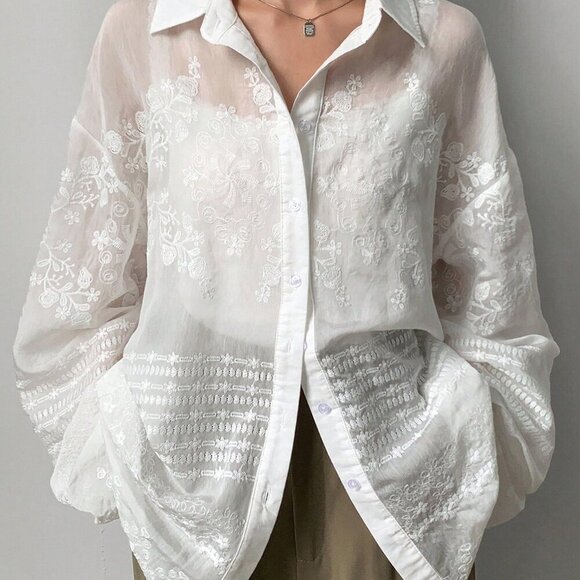 Beige Casual Women's Solid Asymmetric Sheer Lace Long Sleeve Blouse - Picture 4 of 9